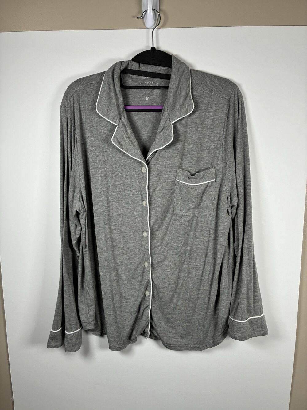 Cozy Earth M Bamboo Pajama Top Heather Gray White Piping Long Sleeve Button Up